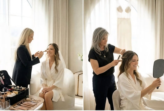 **Alt text:** Luxury bridal hair and makeup preparation by Katherine Art Makeup team in Brisbane hotel suite with bride getting ready by the window before wedding ceremony.