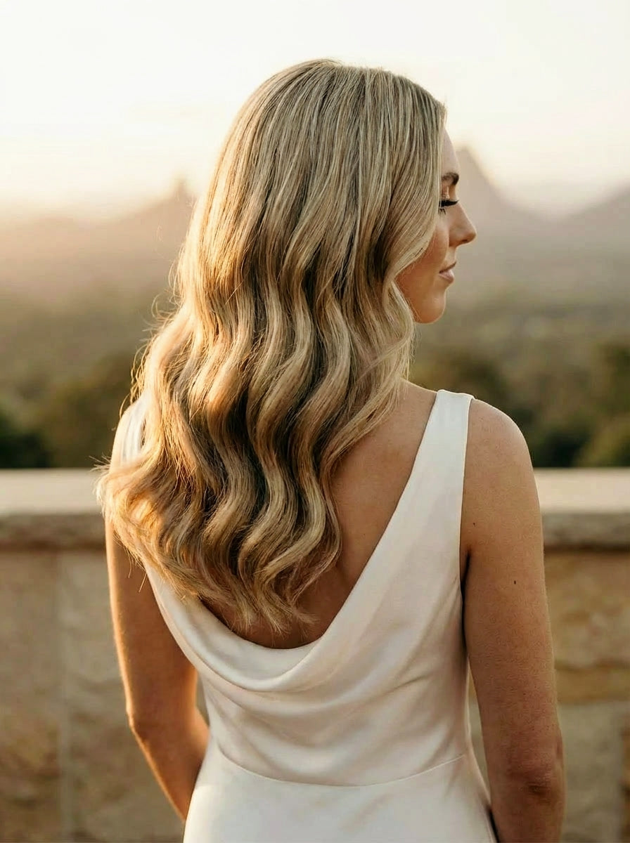 Soft bridal hairstyle with long flowing waves, natural blonde hair, elegant wedding hair styling Gold Coast