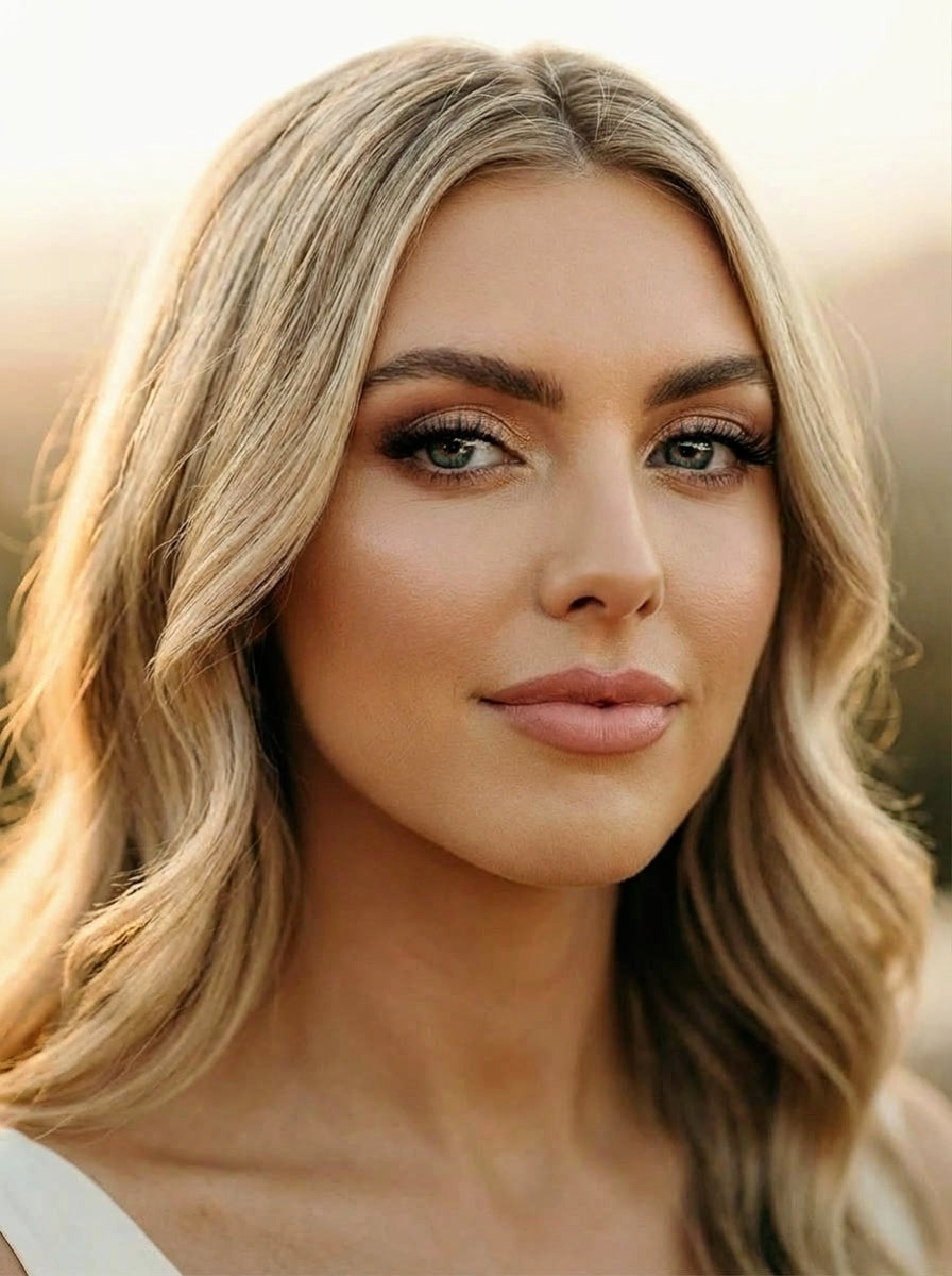 Soft glam bridal makeup look with radiant skin and refined finish, luxury wedding makeup artist Gold Coast