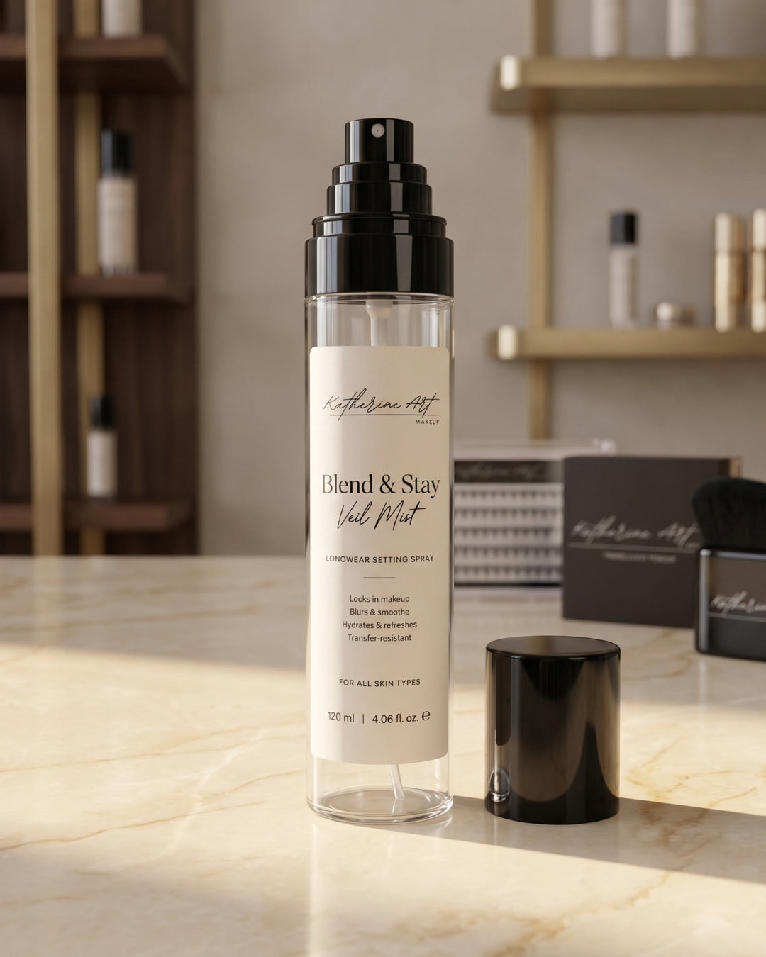 Katherine Art Blend & Stay Veil Mist long-wearing setting spray in a 120ml bottle, designed to lock makeup in place, hydrate the skin and provide a natural, transfer-resistant finish.