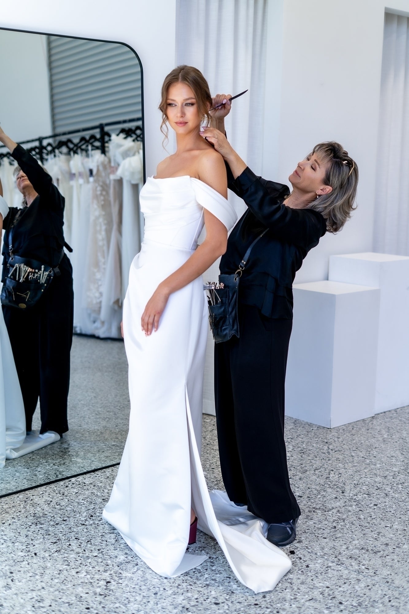 Katherine Art and hairstylist Natalie creating an elegant bridal look on the Gold Coast