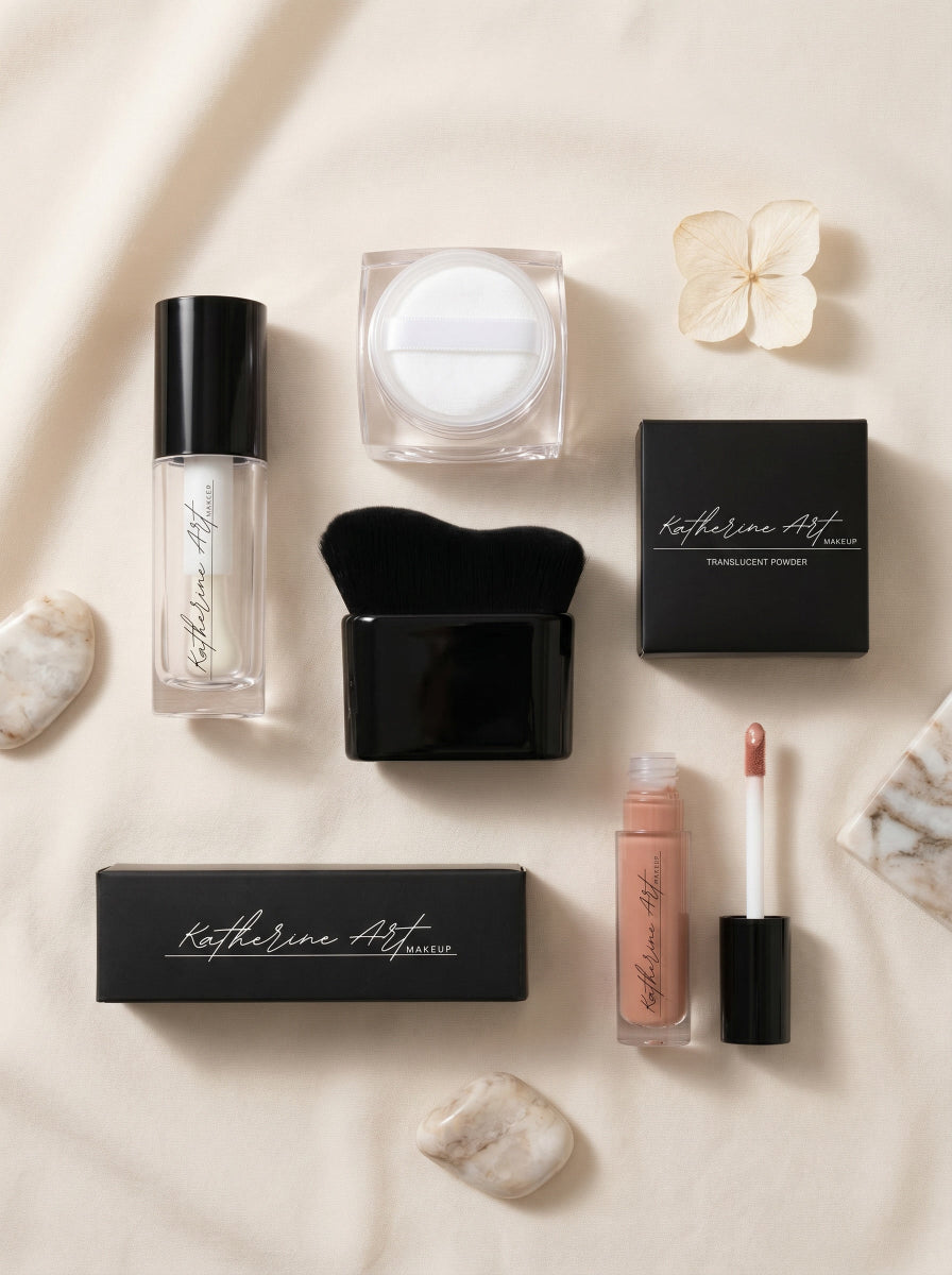 Soft luxury beauty composition featuring curated makeup essentials by Katherine Art Makeup with refined textures and minimalist styling