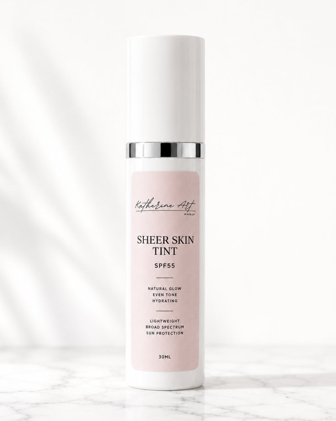 Katherine Art Sheer Skin Tint SPF55 in a 30ml bottle – lightweight hydrating skin tint with natural glow finish and broad spectrum sun protection
