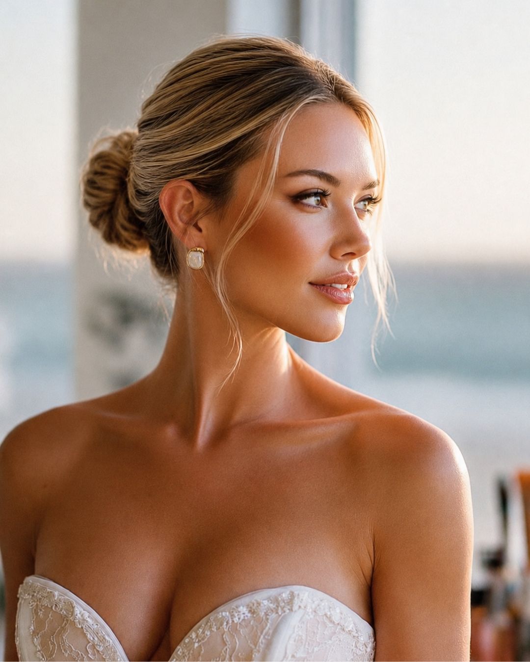 Luxury bridal makeup and elegant low bun hairstyle by Katherine Art Makeup, Gold Coast.