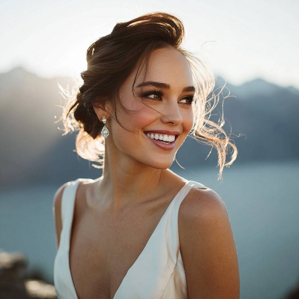 Luxury destination bridal hair and makeup in Queenstown New Zealand, soft glam bride with flawless light-diffused complexion and mountain backdrop