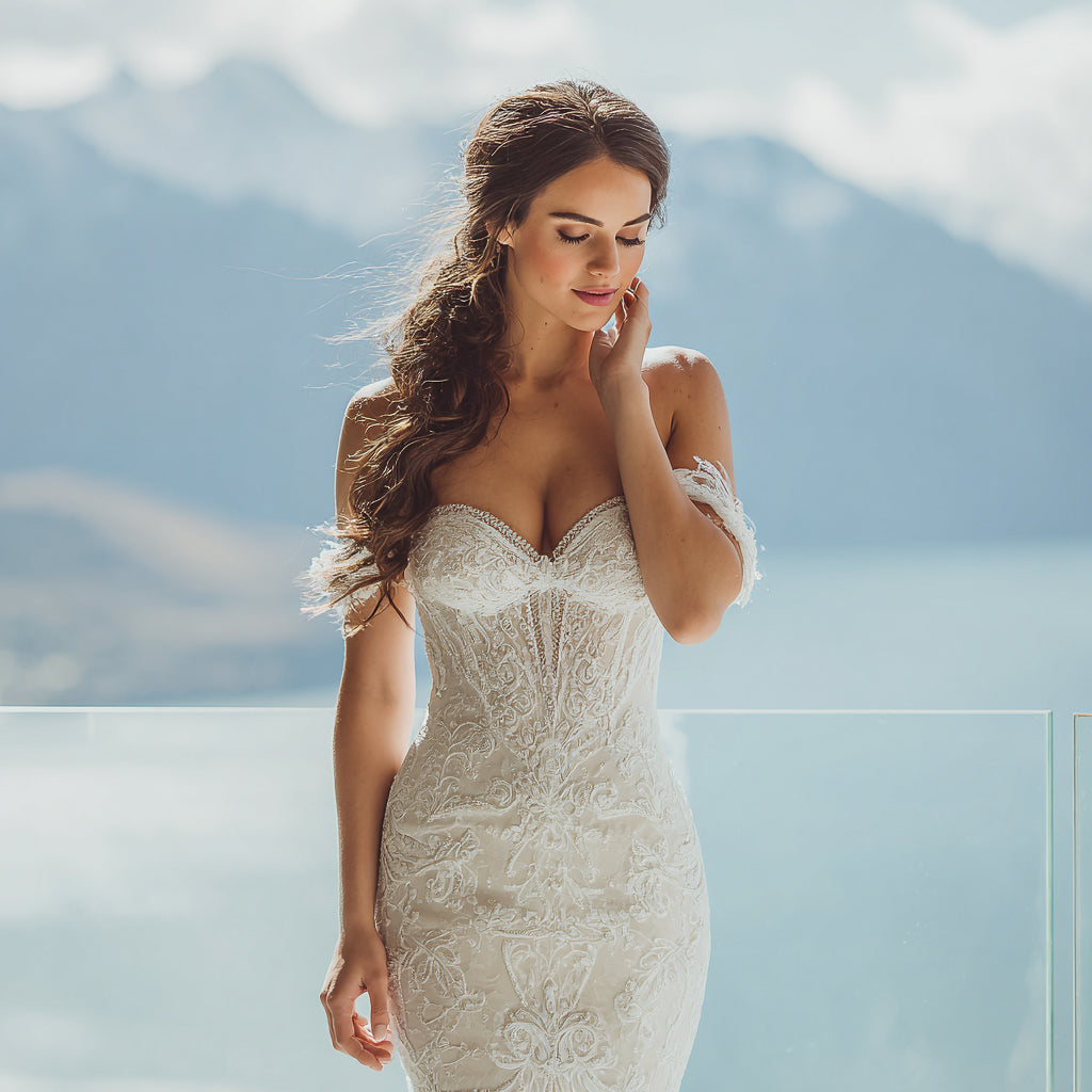 Queenstown destination wedding bridal hair and makeup with soft-focus radiant finish, elegant bride with glowing skin and mountain backdrop