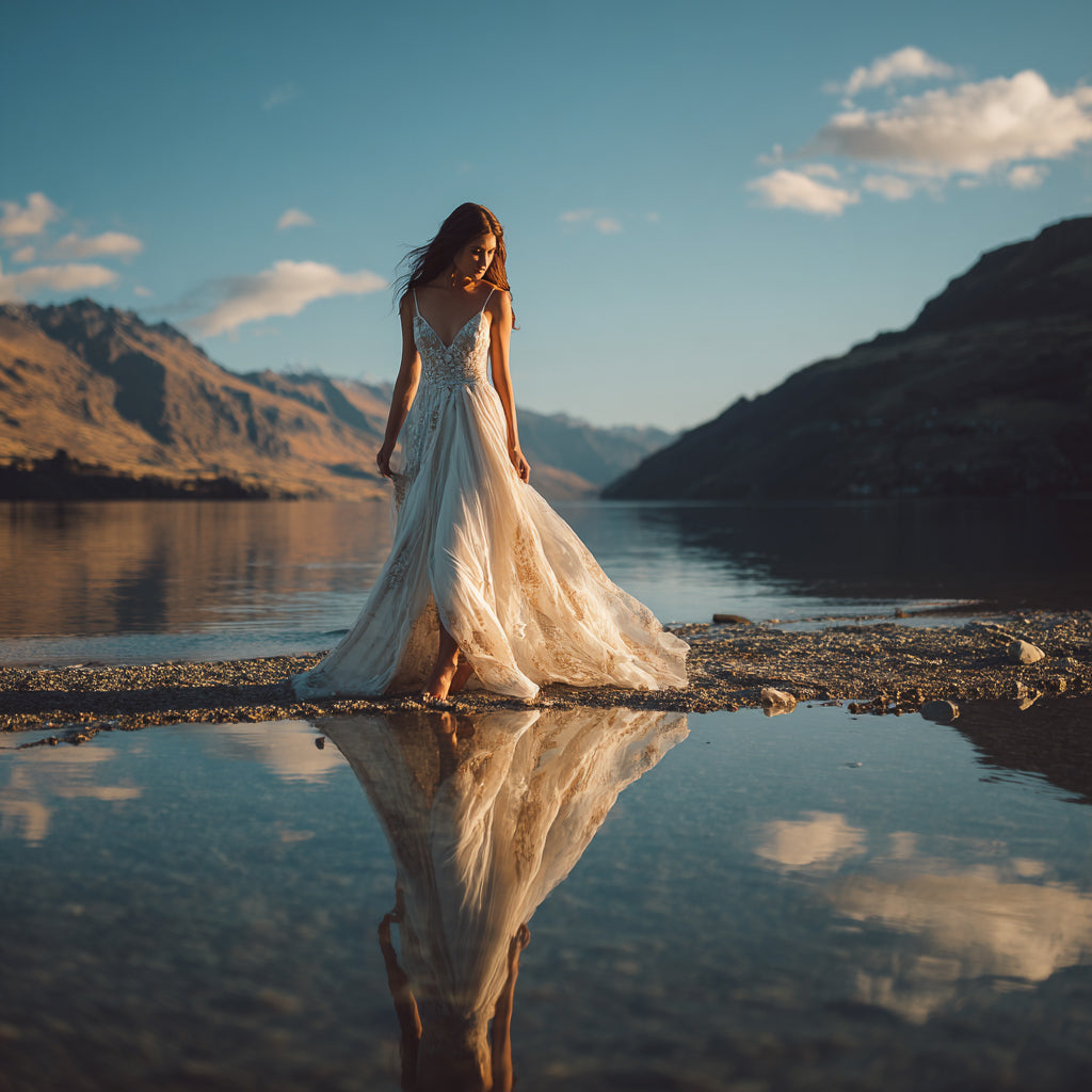 Luxury destination wedding bride in Queenstown New Zealand, soft glam bridal look with flowing dress by lake and mountain backdrop