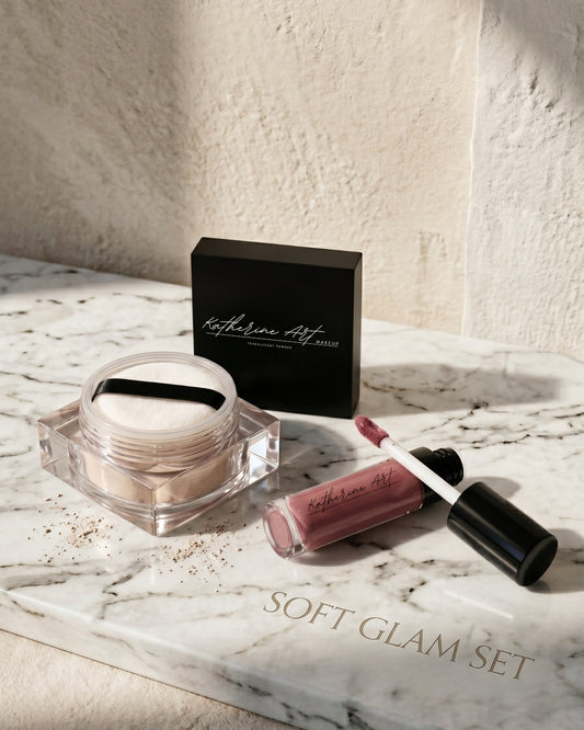 The Soft Glam Set by Katherine Art Makeup with translucent powder and liquid lipstick